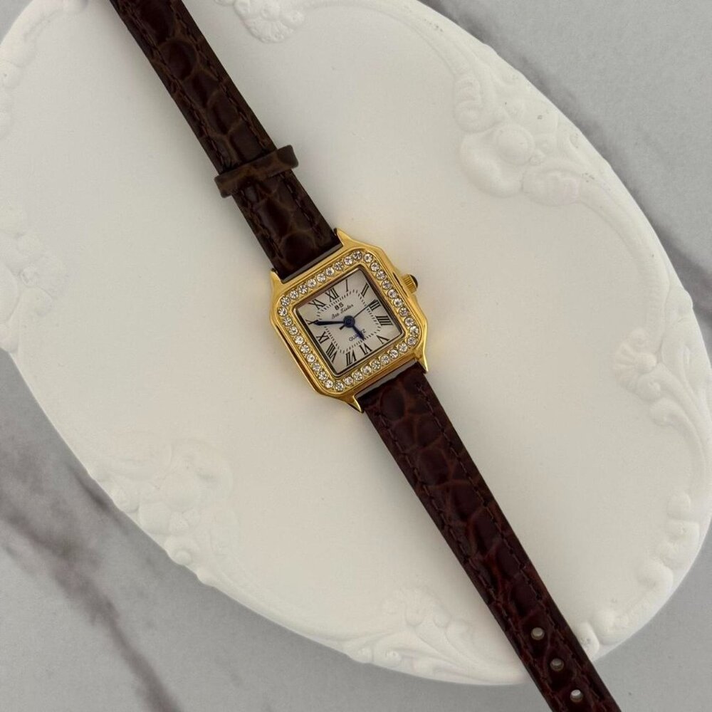 Sku:0156 vintage vibe retro gold brown mini watch black leather‎ strap